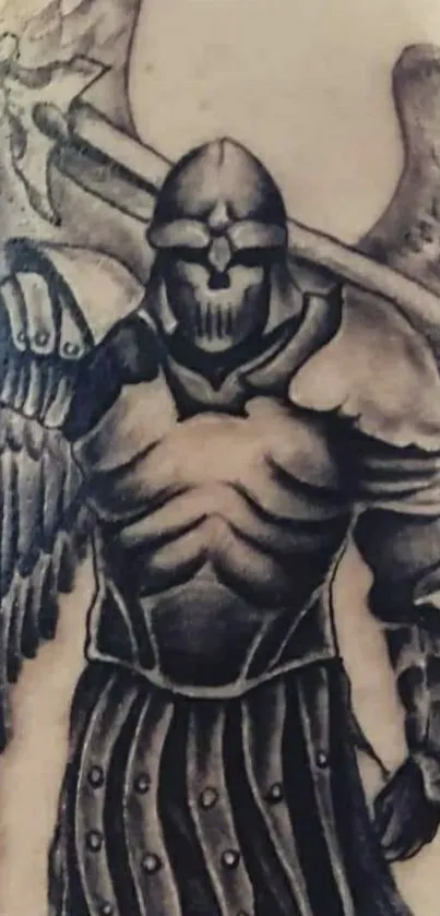 Epic angel warrior tattoo with armor wings in black and grey shading.