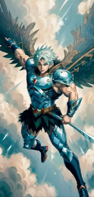 Epic fantasy warrior with wings soaring through a cloudy sky.