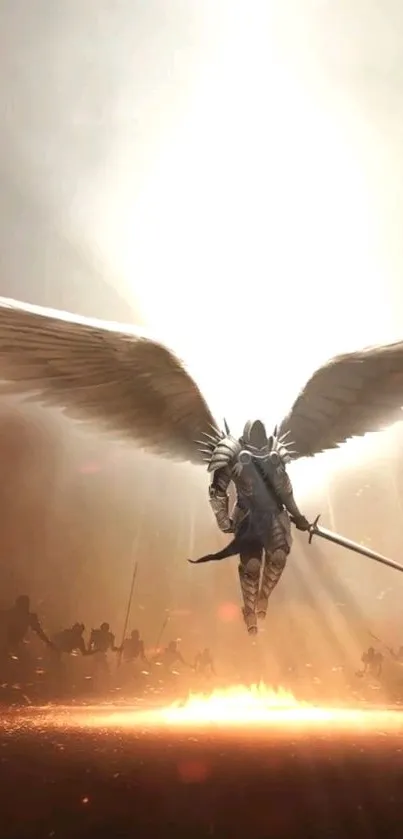 Epic angelic warrior with glowing wings in battle stance.