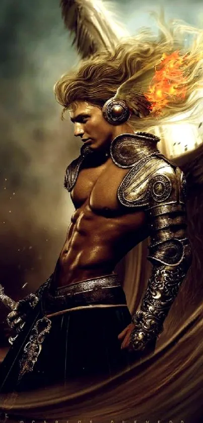 Epic wallpaper of angelic warrior with fiery wings and detailed armor.