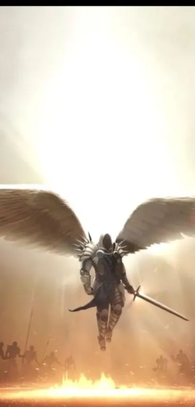 Epic angel warrior with wings and sword in radiant light.