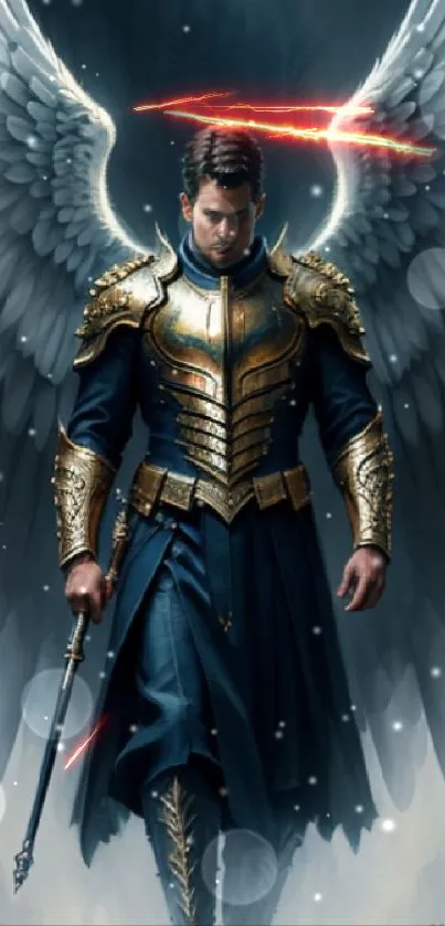 Epic angel warrior with golden armor and wings, digital art.