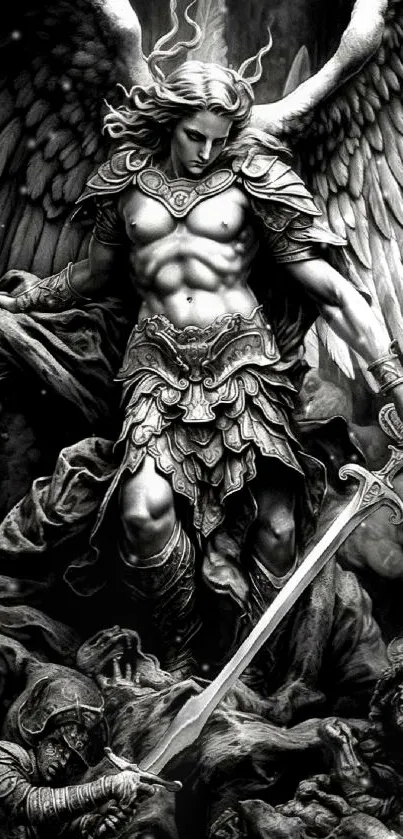 Grayscale epic angel warrior holding sword in dramatic scene.