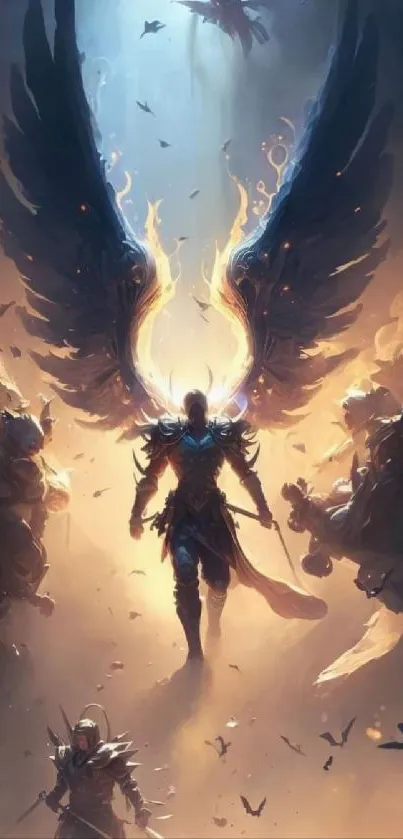 Winged angel in epic battle artwork with dynamic lighting and fiery effects.