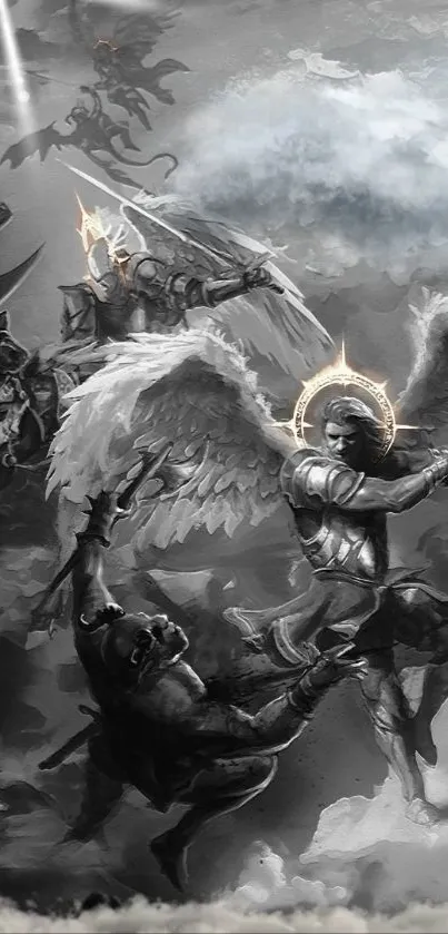 Epic angelic battle scene with celestial warriors in grayscale.