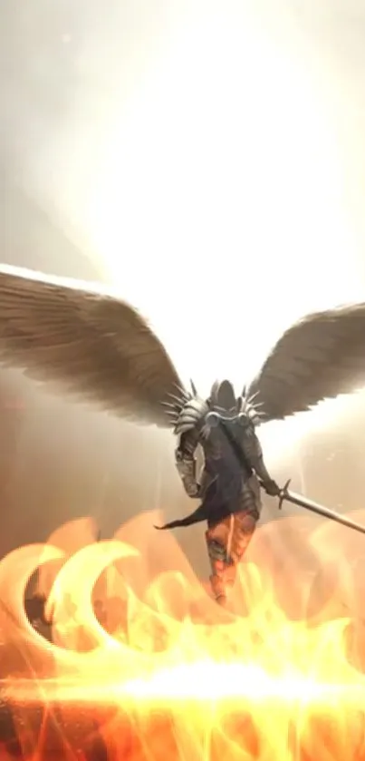 Epic angelic warrior with fiery wings in a dramatic battle scene.