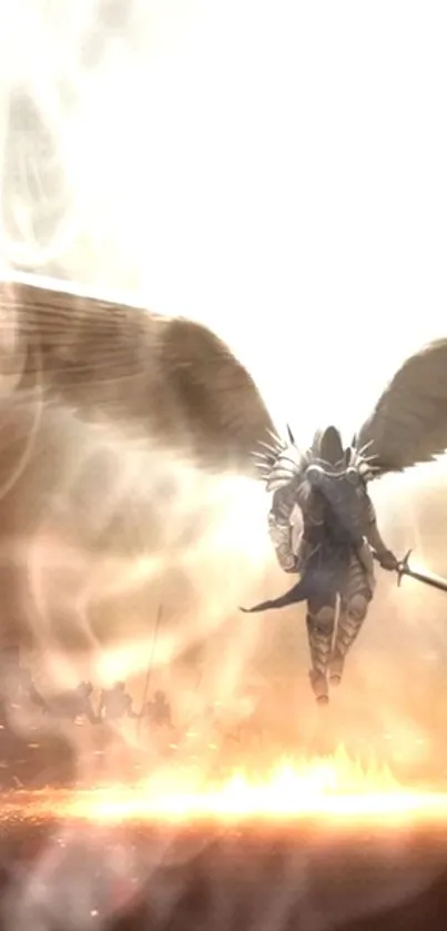 Epic angelic figure in battle with sword and wings, surrounded by mystical light.