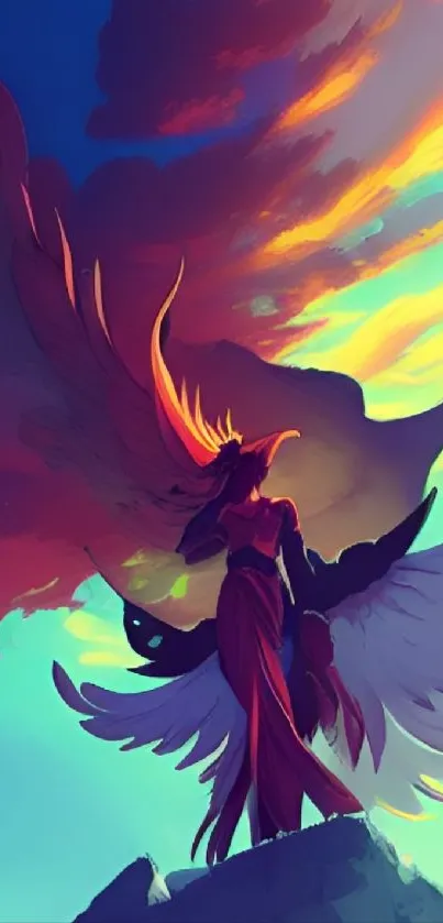 Angelic figure with wings under a vibrant sunset sky, perfect for mobile wallpapers.