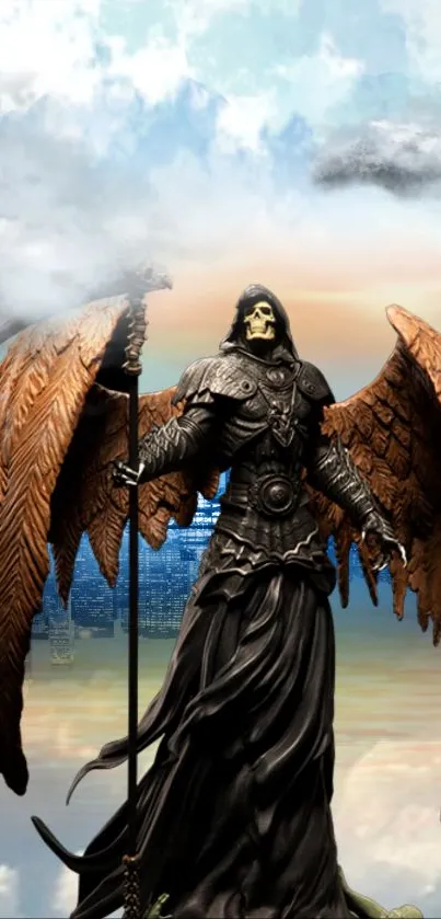 Epic fantasy wallpaper with winged angel on a cloudy city backdrop.