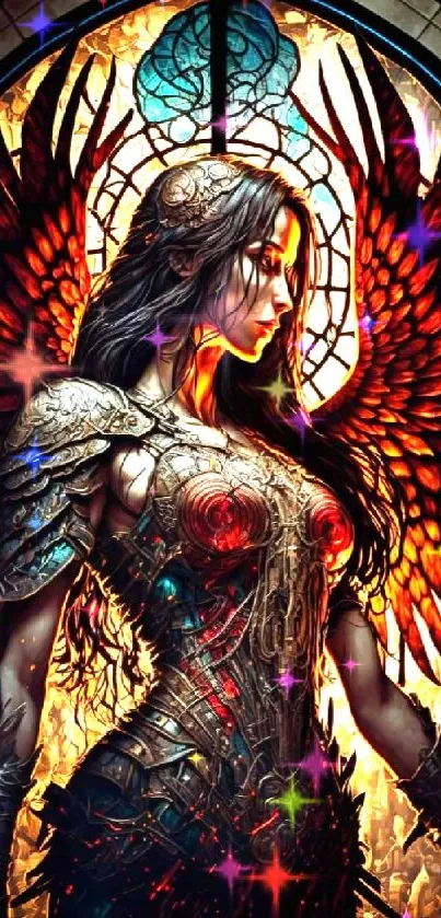 Epic angelic warrior with fiery wings in stained-glass setting.