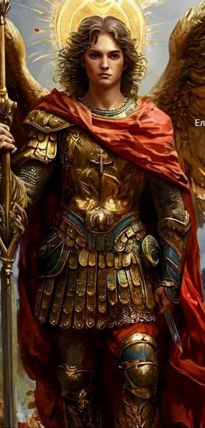 Epic angelic warrior with golden armor and grand wings.