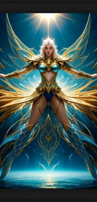 Angelic fantasy warrior with golden armor and radiant wings against a cosmic backdrop.