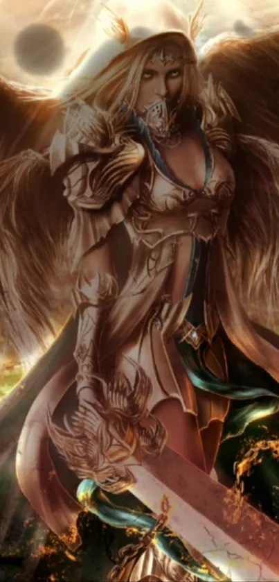 Epic angelic warrior with bronze armor and wings in a fantasy art style.