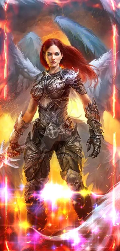 Epic angelic warrior with fiery backdrop.