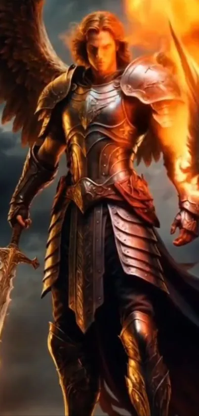Angelic warrior in glowing armor with fiery wings.