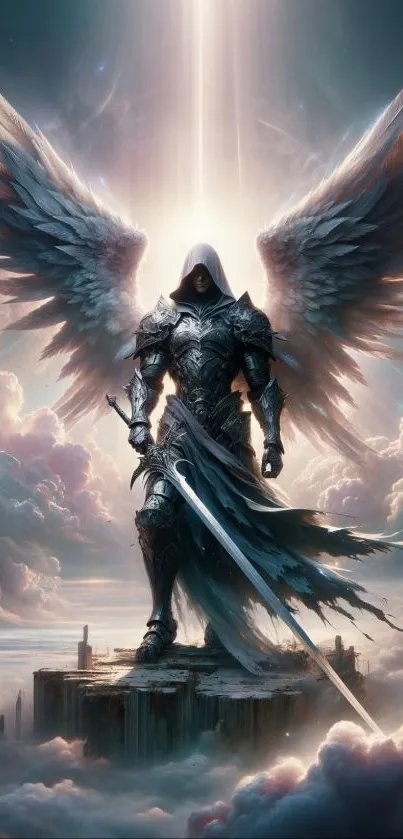 Angelic warrior with wings on a fantasy background.