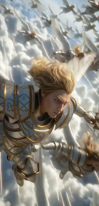 Angelic warriors soaring through clouds with swords drawn.