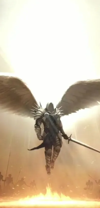 Epic angelic warrior with wings spread enveloped in light.