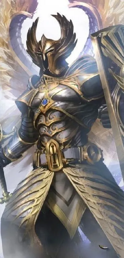 Epic angelic warrior with gold armor and celestial wings in fantasy art.