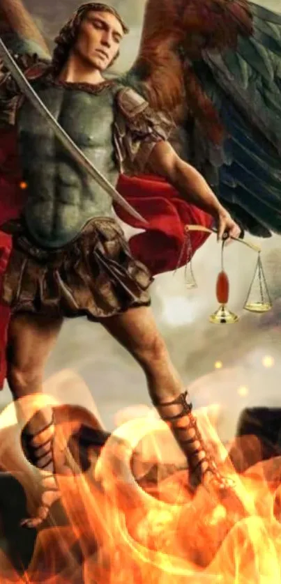 Epic angelic warrior with red cape and scales in fiery scene.