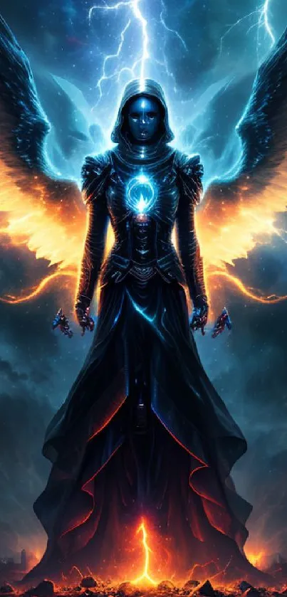 Epic wallpaper of an angelic warrior with glowing wings and lightning.