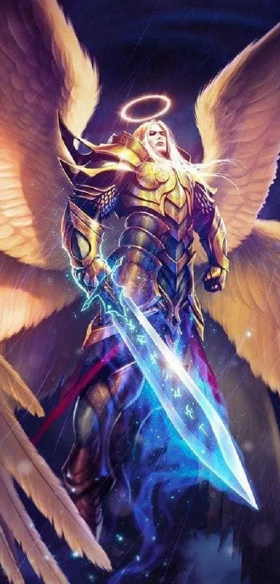 Epic angelic warrior with glowing sword and golden wings.