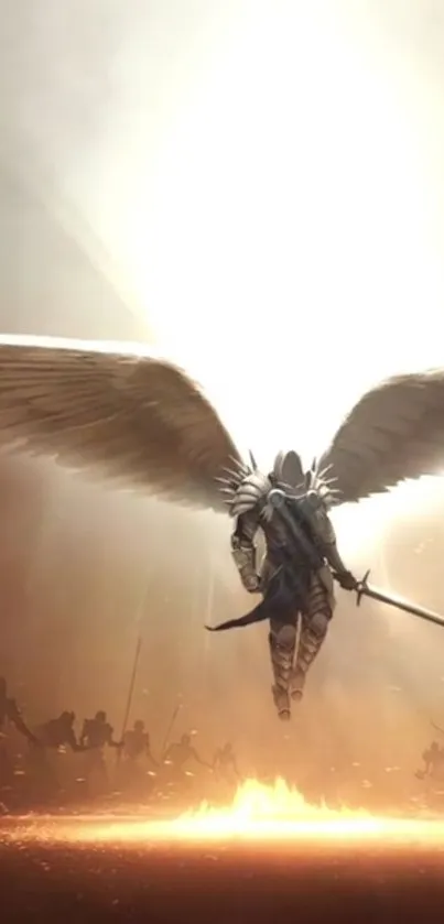 Epic angelic warrior with wings over a glowing battlefield.