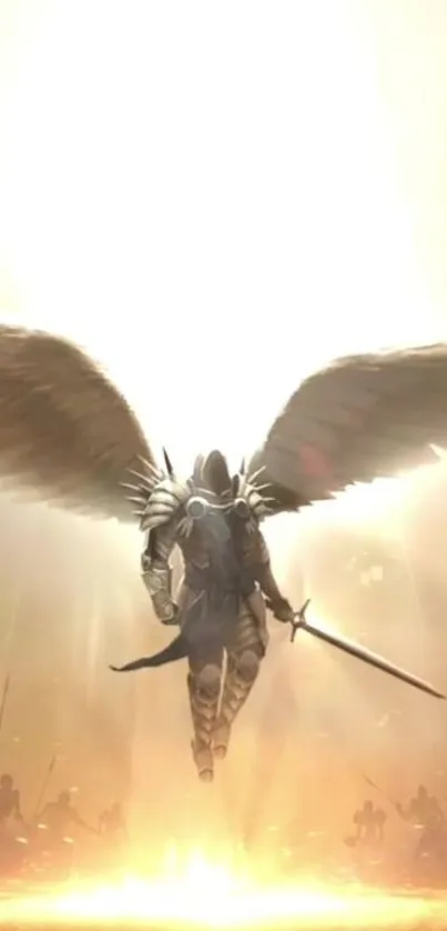 Angelic warrior with wings in radiant heavenly light.