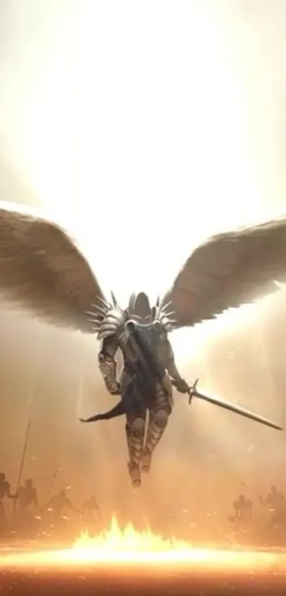 Angelic warrior with wings and sword in radiant light.