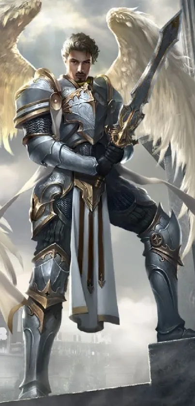 An epic angelic warrior in shiny armor with wings, holding a sword.