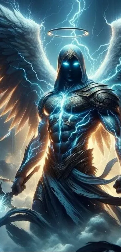 Epic angel warrior with lightning wings and halo.