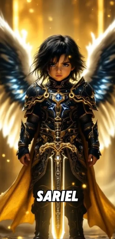 Epic angelic warrior with golden wings in ornate armor.