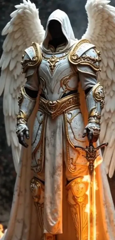 Angelic warrior clad in ornate armor with glowing wings and a flaming sword.