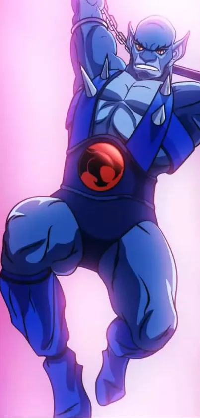 Animated blue warrior character in action pose against pink background.