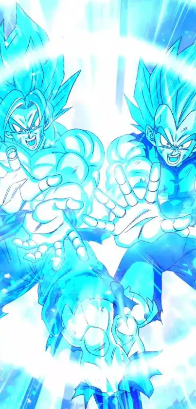 Epic anime action scene with iconic characters in vibrant blue hues.