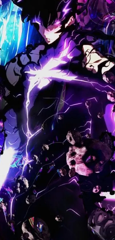 Anime wallpaper with vibrant purple cosmic action scene featuring a heroic character.