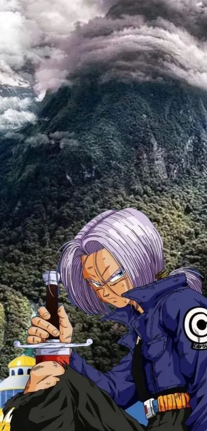 Anime character with sword in front of misty mountains.