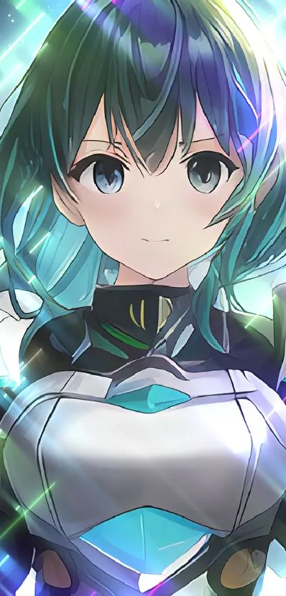 Anime characters in futuristic armor pose heroically against a sky backdrop.