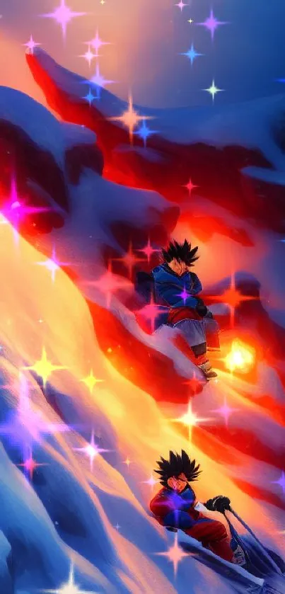 Epic anime wallpaper featuring dynamic characters in a fiery landscape.