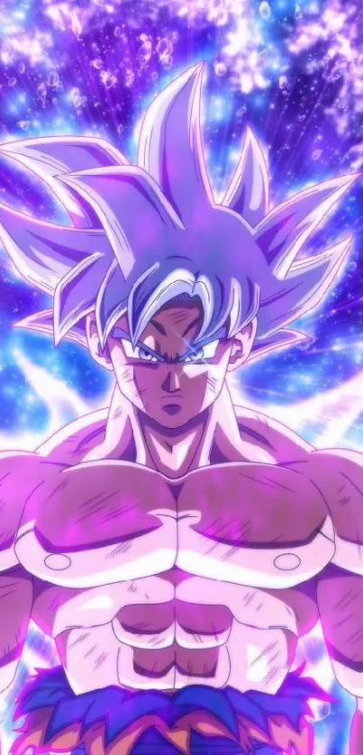 Anime character with radiant purple aura, dynamic background.