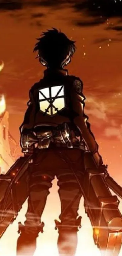 Epic anime scene with fiery background and lone warrior in ruins.