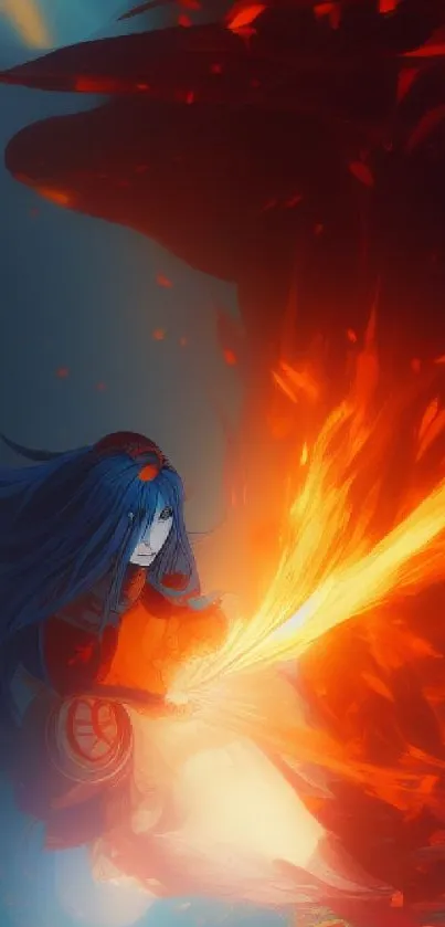 Anime character battles fiery dark entity in dramatic scene.