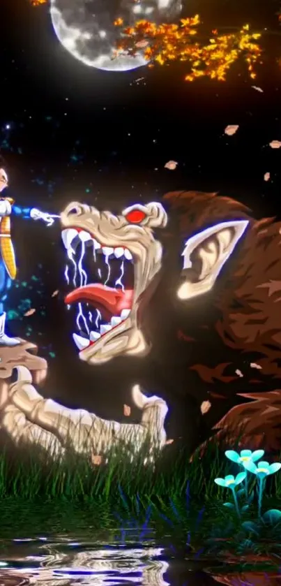 Epic anime scene with warrior and beast under moonlight.