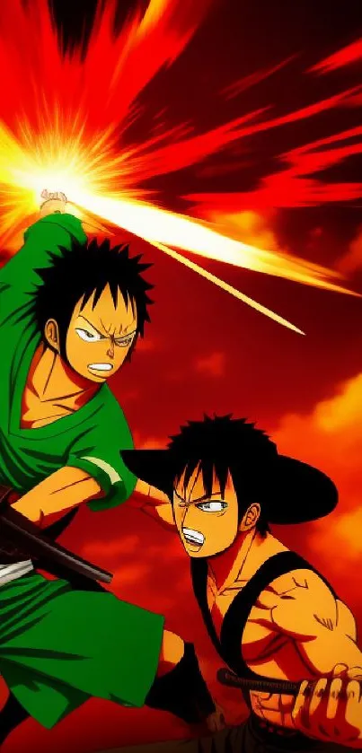 Anime warriors in intense sword battle with fiery red background.