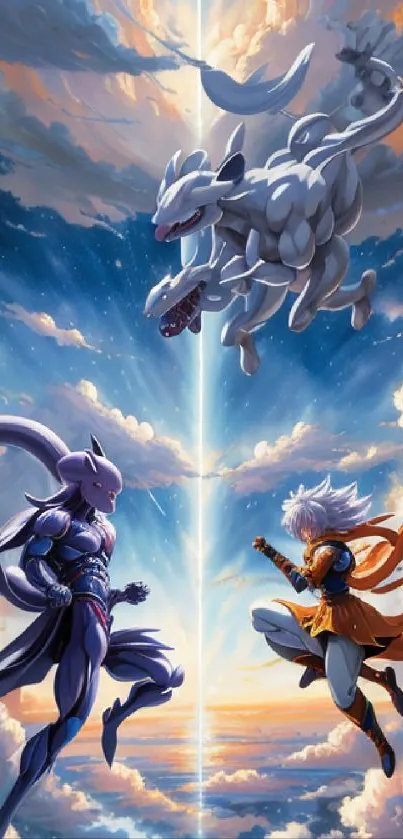 Epic anime battle with colorful skies and dynamic characters.