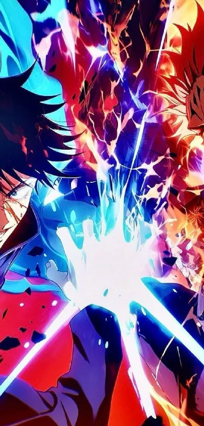 Dynamic anime battle wallpaper with intense colors and characters.