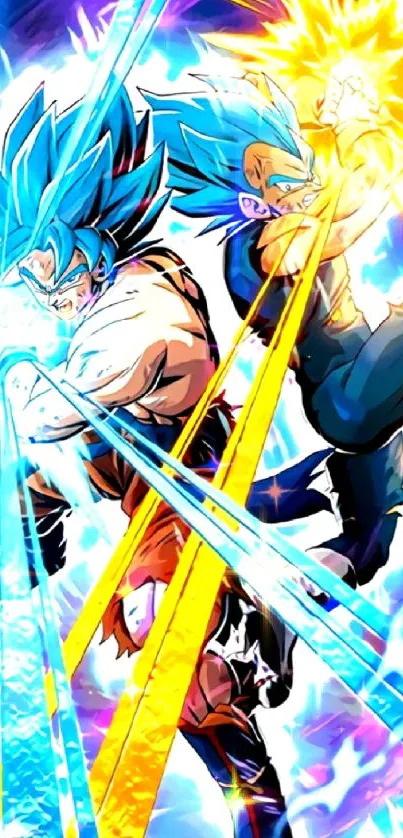 Dynamic anime characters with energy blasts in vivid blue and yellow hues.