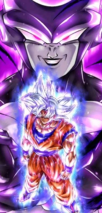 Anime character glowing with energy against a purple backdrop.