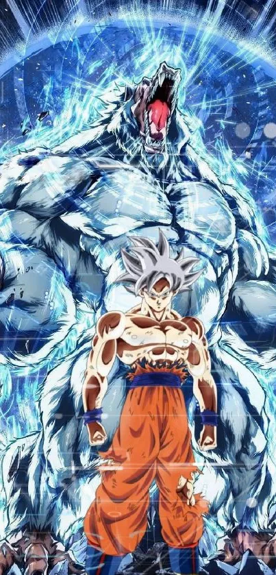 Anime warrior facing a giant beast with vibrant blue energy backdrop.