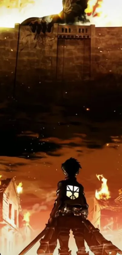 Anime hero confronts giant in fiery scene with burning ruins.